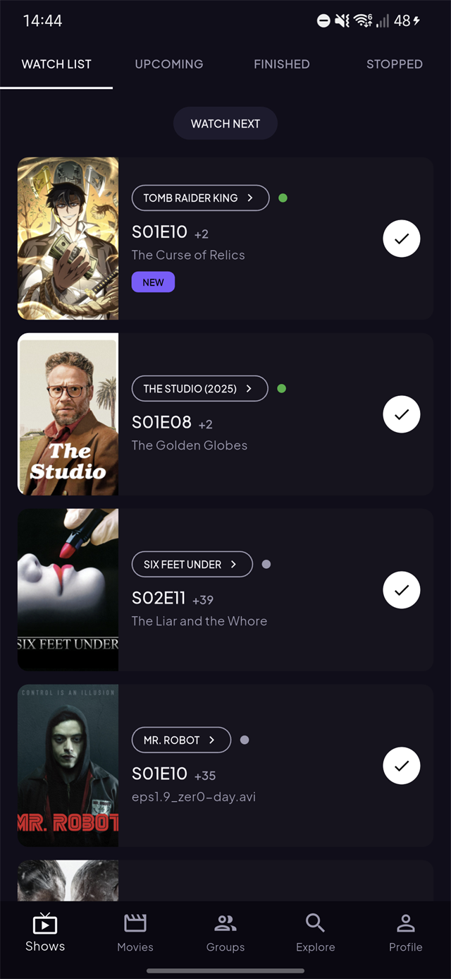 WatchHub watchlist showing tracked titles, episode progress and what to watch next
