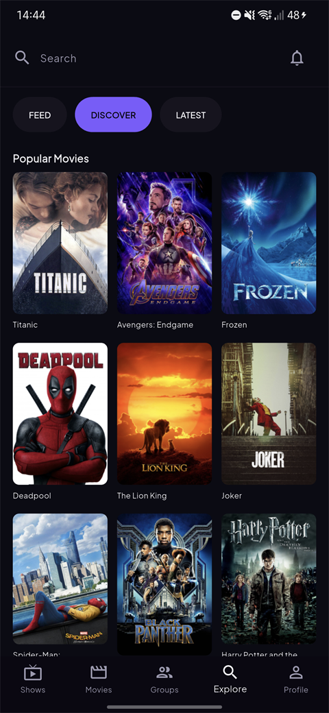 WatchHub discover screen for browsing movies, TV shows and anime