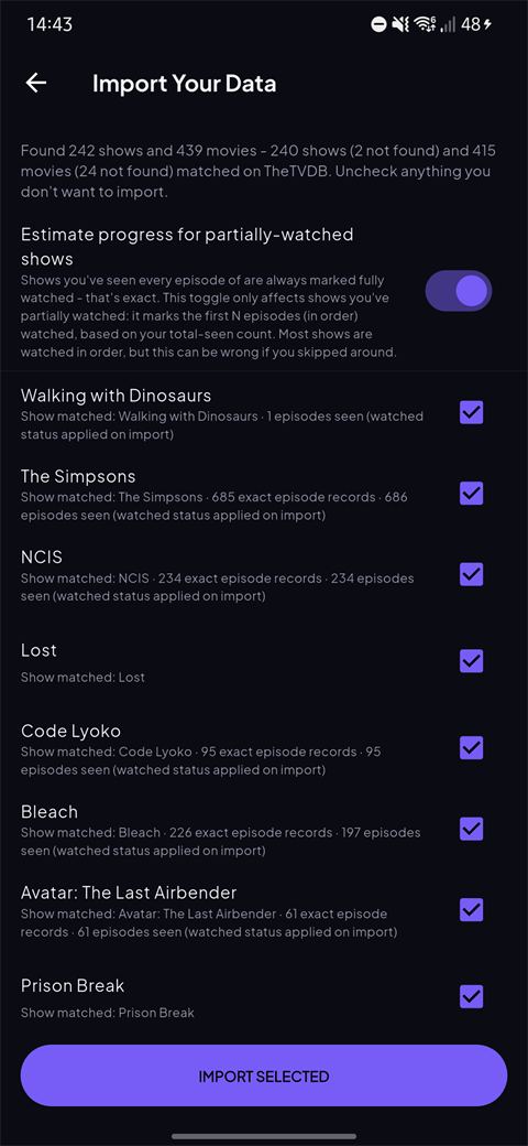 WatchHub import screen matching shows and watch progress from a saved export