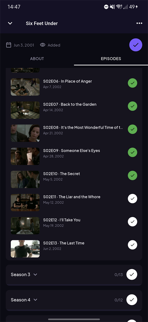 WatchHub episode list with watched episodes marked