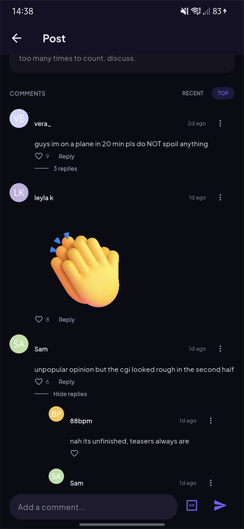 WatchHub discussion with comments, replies and a GIF reaction
